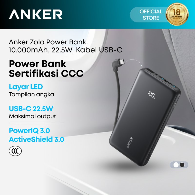 Anker Zolo Portable Power Bank 3C / CCC 10,000mAh / 20,000mAh 3 ports with Built-in Type-C Cable Type-A port 22.5W 30W Fast Charging PD PPS, Pass Through Charging, Compatible for iPhone, Samsung - A1388 / A1384 / A110D / A110E / A1688 / A1689